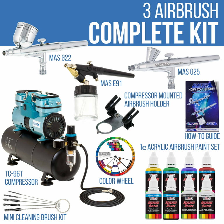 New 3 Airbrush Kit 6 Primary Colors Air Compressor Dual-Action Color Wheel  Set