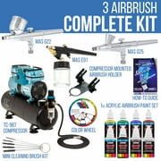 نظام رش الهواء Master Airbrush Gravity and Siphon Feed مع 3 فرش هوائية، 6 منها أمريكية مجموعة طلاء أكريليك بألوان أساسية من Art Supply - ضاغط هواء مزدوج المكبس بقوة 1/4 حصان وخزان تخزين يعمل بالبرودة