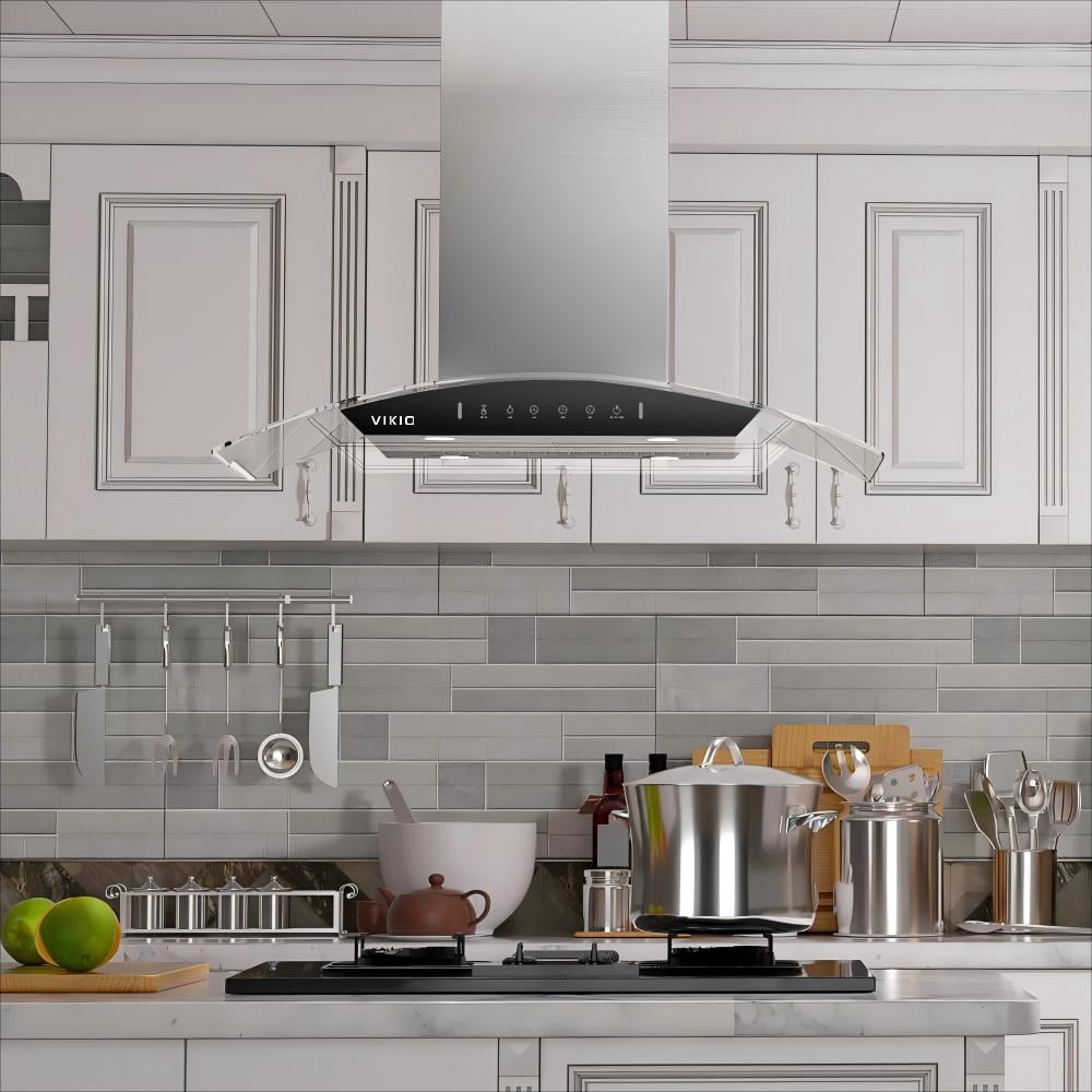 VIKIO 30 Inch Island Range Hood 900 CFM Stainless Steel Curved Glass Kitchen Vent Hood with Gesture Control Dual Side Touch Panel 4 LED Lights ETL Certified