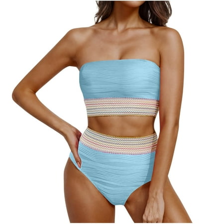 Arnsht Women s Solid Color Sheath High Waisted Bikini Swimsuit Two Piece Strapless Bandeau Cheeky Bathing Suits Light Blue S