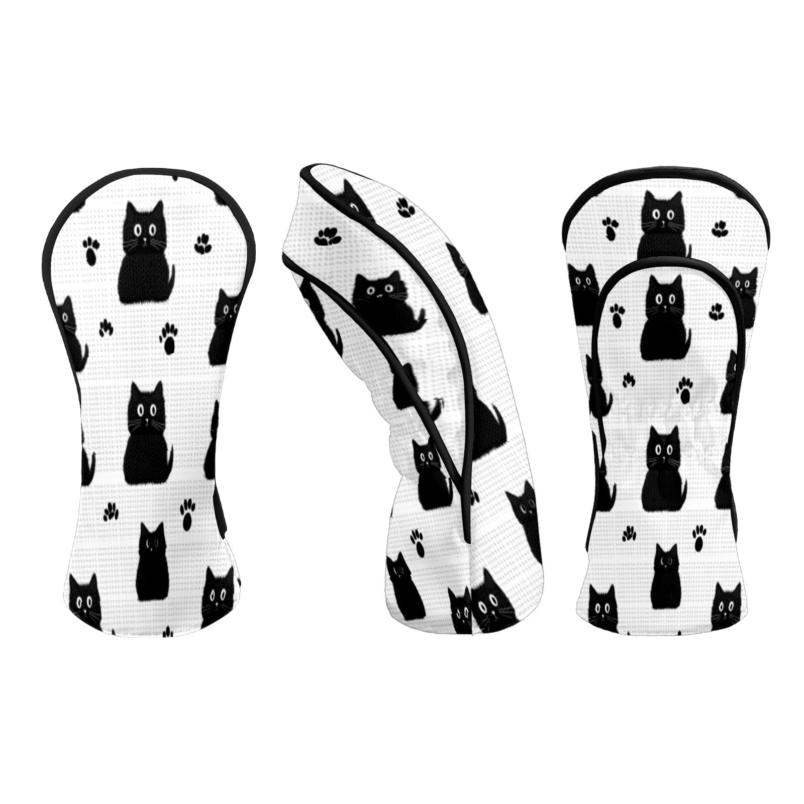 Golf Head Covers for Woods and Driver Waterproof Leather Golf Club Head Covers for Women Men Golf Driver Fairway Wood Headcover Black Cat & Paw Grid Design