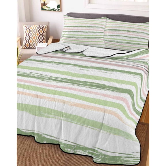 Green Pink Stripes Twin XL Size Down Alternative Comforter, Lightweight Comforter Quilt Bedding Set with Pillow Shams Gradient Geometric Smear Art Paint All Seasons Bed Comforter Duvet Insert 68"x98"