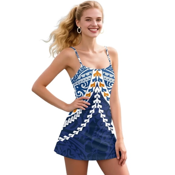 Psesaysky Womens Tennis Dress with Built in Shorts Blue Polynesian Print Breathable Athletic Dresses Golf Outfits Spaghetti Strap Workout Dress, Size L