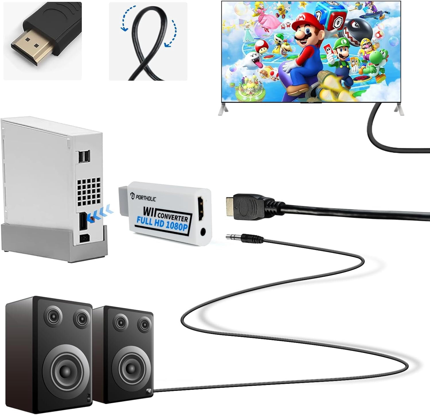 Wii to HDMI Converter , PORTHOLIC 1080P Wii2 HMDI Adapter with Cable for Nintendo Wii, Wii U, HDTV, Monitor