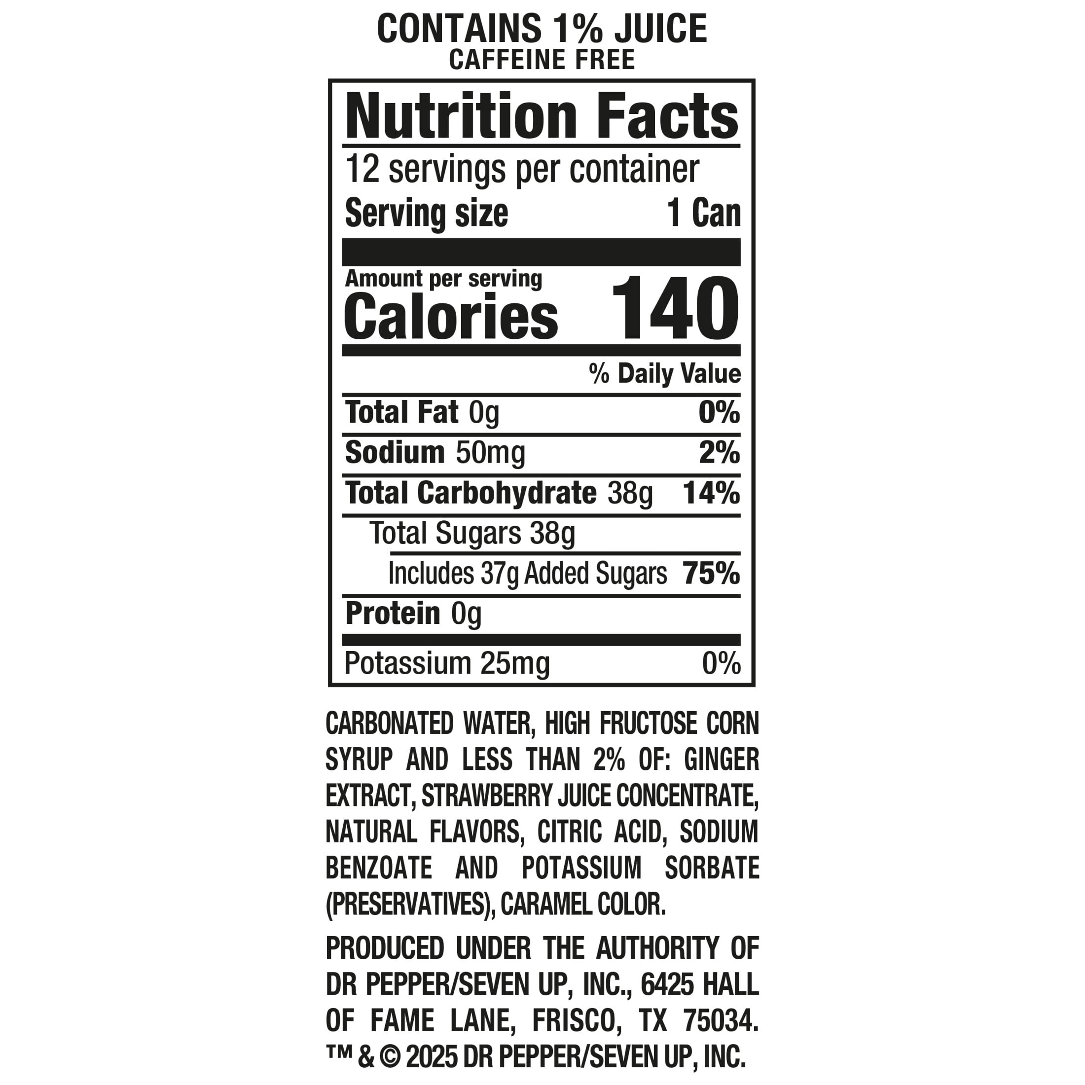 Canada Dry Caffeine Free Fruit Splash Strawberry Ginger Ale Soda Pop, 12 fl oz, 12 Pack Cans