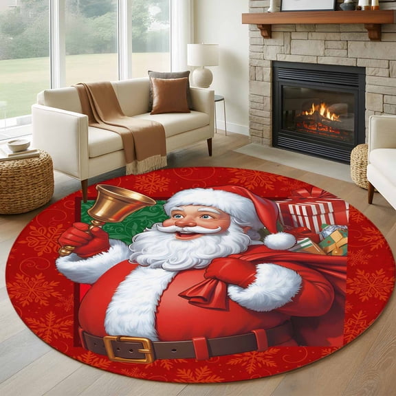Round Area Rugs Collection 8 Ft, Red Christmas Santa Claus Non-Slip Residential Carpet, Snowflakes Winter Xmas Gifts Indoor Crawling Mats Runner Rugs for Living Room/Dining Room/Bedroom