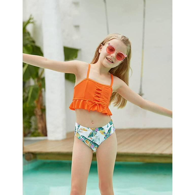 Girls Swimsuits Two Piece Ruffled Bikini High Waisted Bathing Suits Toddler  Kids Swimwear Orange Two Piece Bikini 11-12 Years