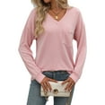 thumbnail image 3 of SHIBEVER Long Sleeve Shirts for Women V Neck Tops Fall Clothes Casual Ribbed Knit Tunic Tops with Pocket Lightweight Pullover Sweatshirts Blouses T-shirts Solid Color Pink, 3 of 6