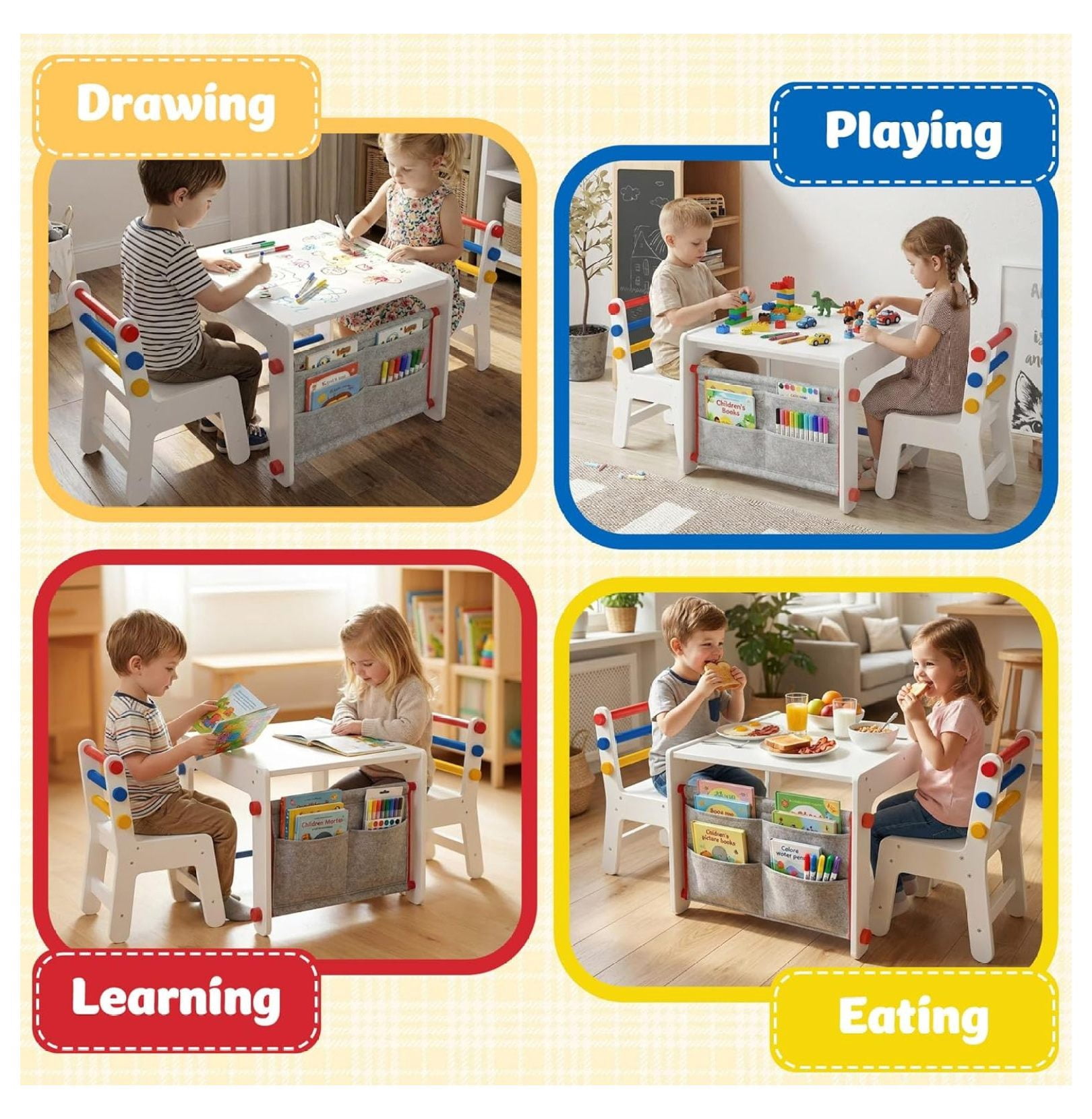 Kids Table and Chair Set 4-in-1 with Storage, Wooden Activity Table for , Arts, Drawing, Reading, Toddler Furniture for Playroom, , Gift for Boys & Girls (Age 3+)