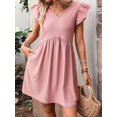thumbnail image 6 of Women'S Summer Short Sundress Casual V Neck Ruffle Sleeve Mini Dress with Pockets Red Bean Powder XL, 6 of 9