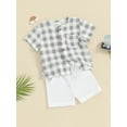 thumbnail image 5 of pengnight Kid Toddler Baby Boy Summer Short Clothes Outfits, 6 12 18 24 Months 2T 3T 4T Round Neck Short Sleeve Plaid Print Tops and Elastic Waist Solid Color Shorts 2Pcs Set, 5 of 10