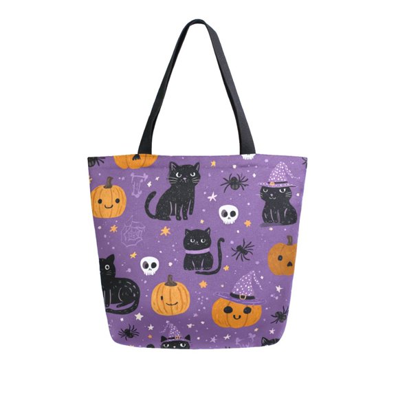 Open Top Canvas Tote Bag with Zipper Reusable Shopping Bag 13.5x15" Roomy Carryall Black Cat and Pumpkin