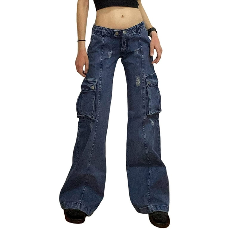 DanceeMangoo 2000s Jeans for Women y2k Aesthetic Zipper Low Waist Wide Leg  Denim Pants with Pockets Streetwear