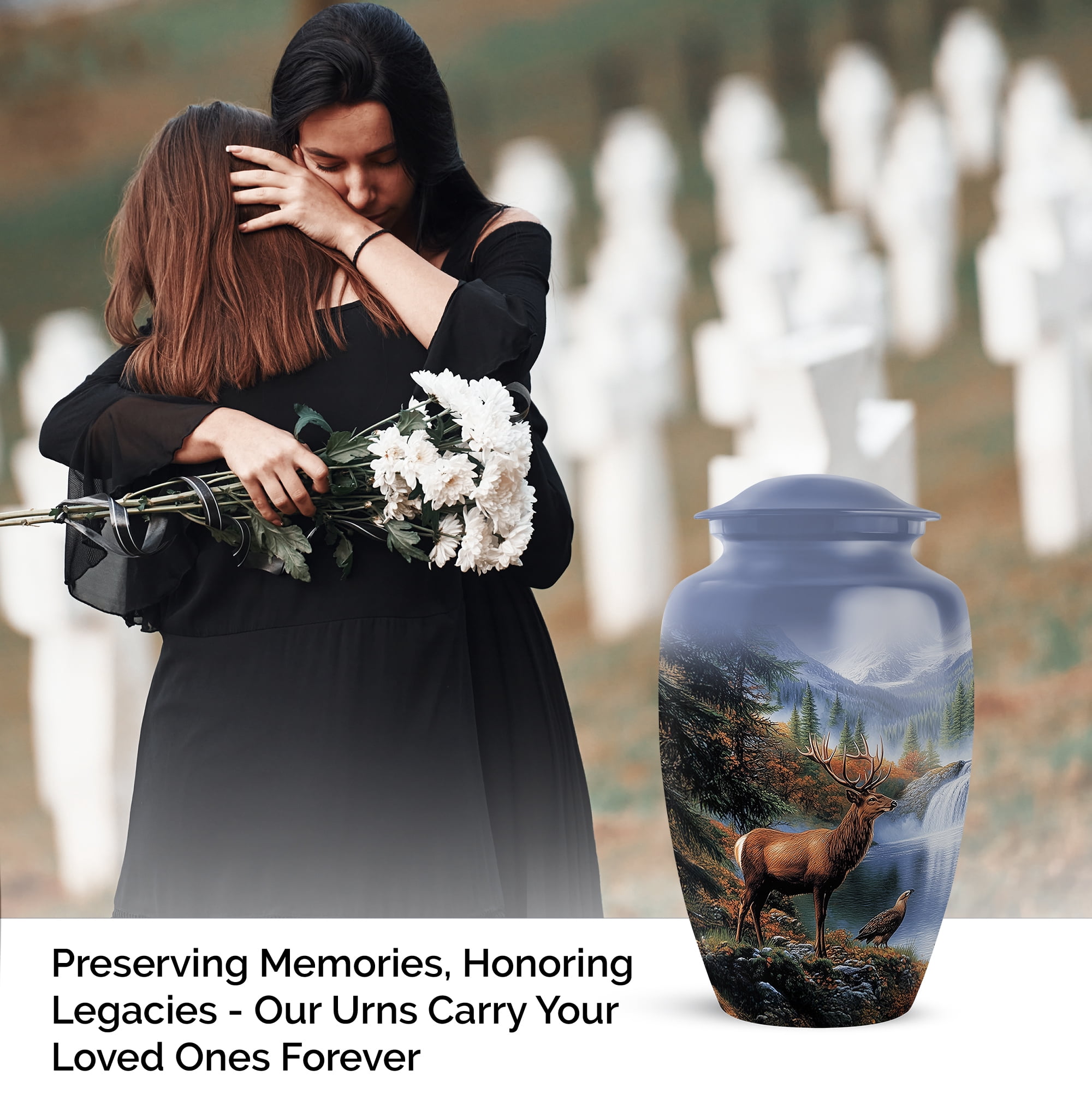 Deer Funeral Urn For Man And Woman - Memorial Cremation Urns For Human Ashes Adult Female - Blue Urn For Ash For Women - Large Decorative Urns For Human Ashes Adult Male, 10 Inch