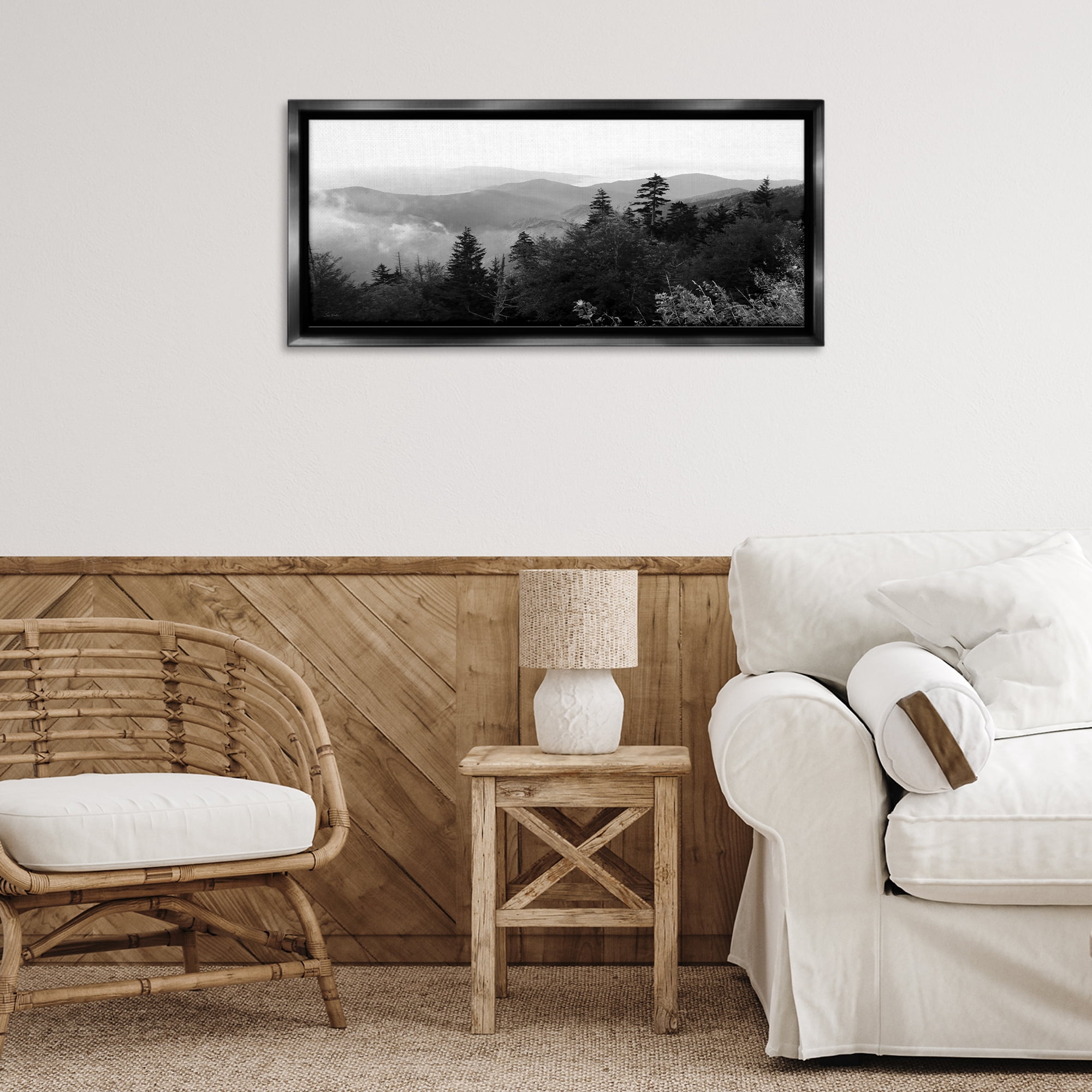 Stupell Industries Mountainous Trees Horizon Landscape & Nature Photography Black Floater Framed Canvas Art Print Wall Art, 31 x 14