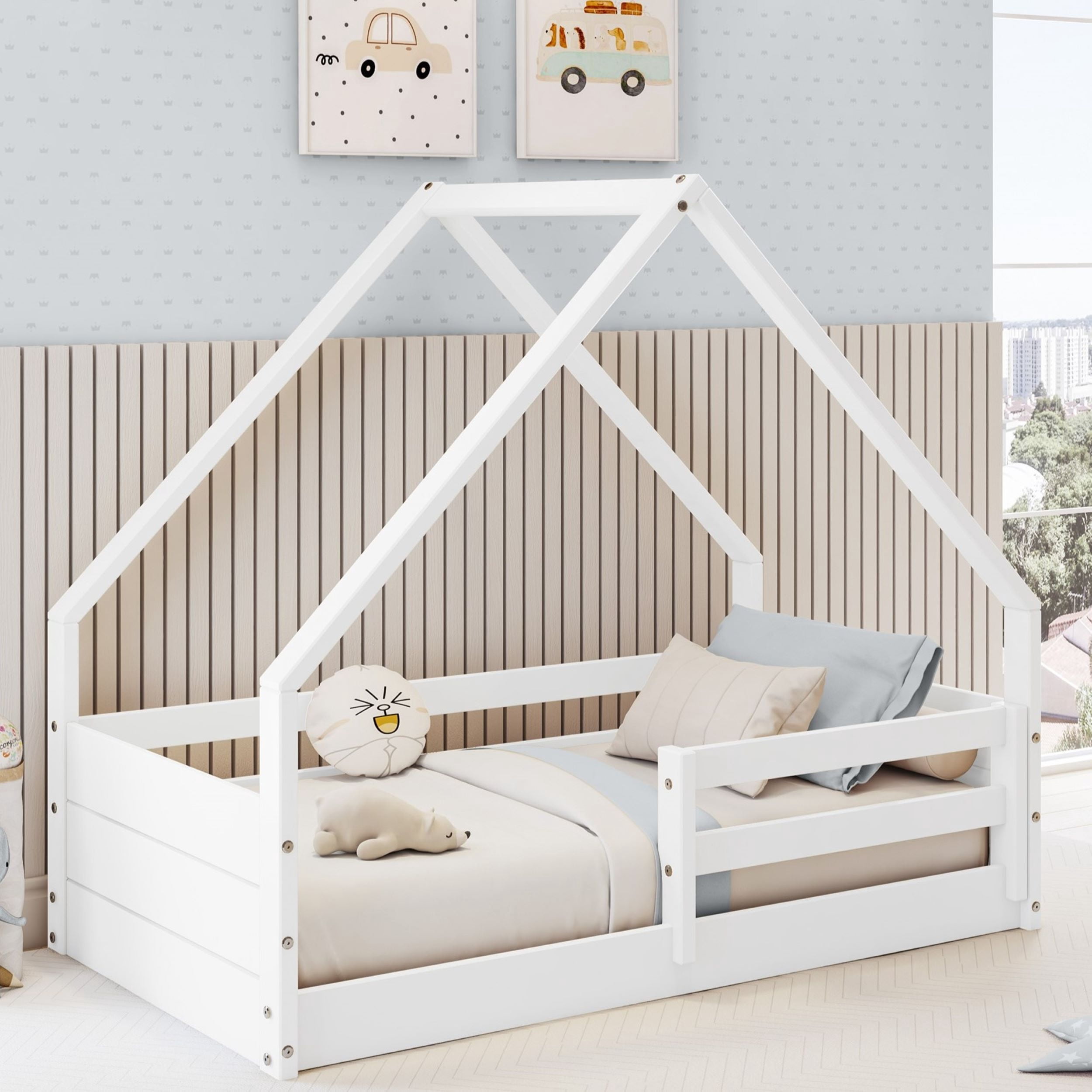 Polifurniture Brie Toddler Bed with Roof and Built-In Guardrails