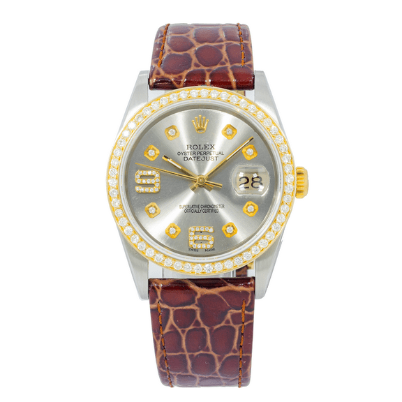 Pre-Owned Rolex Datejust 16263 36MM Silver Diamond Dial With Brown Alligator Bracelet