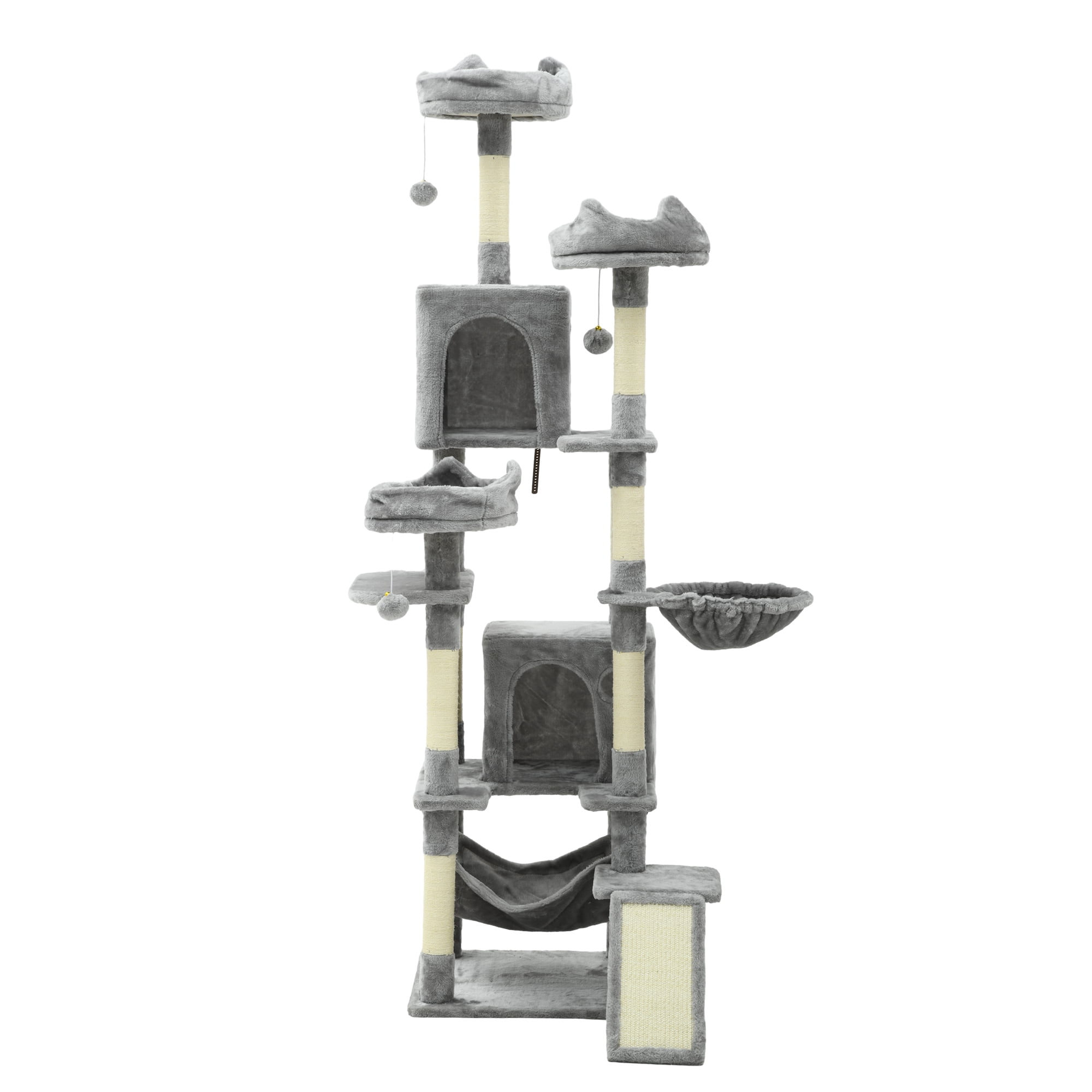 Uforic 75in Large Cat Tree Tower, Multi-Level Cat Condos, with Scratch Posts, Cozy Basket Hammocks, Top Perches, Sisal Ramp, Light Gray