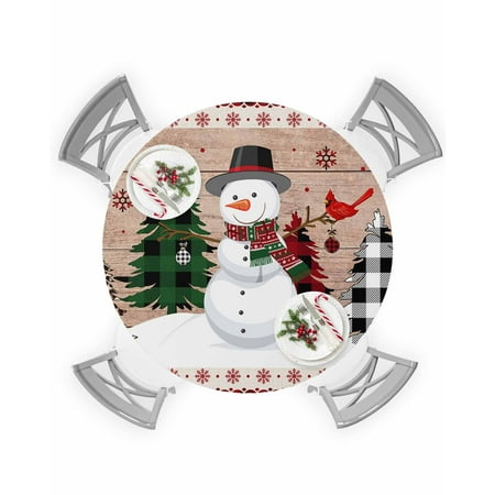 

Round Tablecloth with Elastic Christmas Tree Snowman Elk Bird Snowflakes on Wood Grain Waterproof Table Cover Wipeable Fitted Table Cloths for 36 -44 Round Tables Dining Kitchen Indoor Outdoor Use