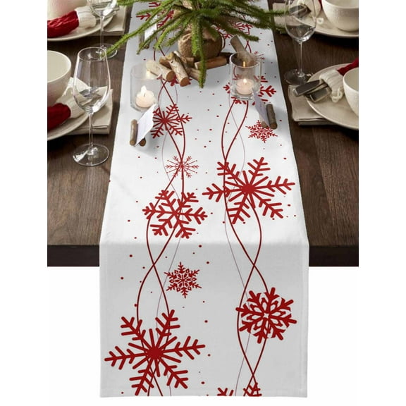 Christmas Table Runner Red Snowflake Table Runners Snow Winter Cotton Linen Dresser Scarf Kitchen Dining Table Decor for Christmas Holiday Party Decor 13x90 Inch