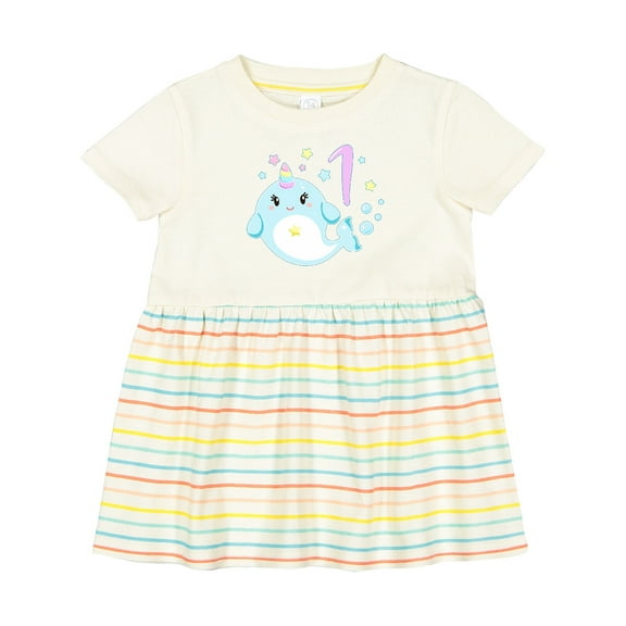 Inktastic Happy 1st Birthday with Cute Narwhal Stars and Bubbles Girls Baby Dress