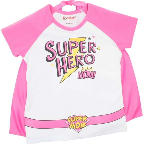 Mother's Day Super Hero Mom Womens' Raglan T-Shirt & Cape, White & Pink (Large)