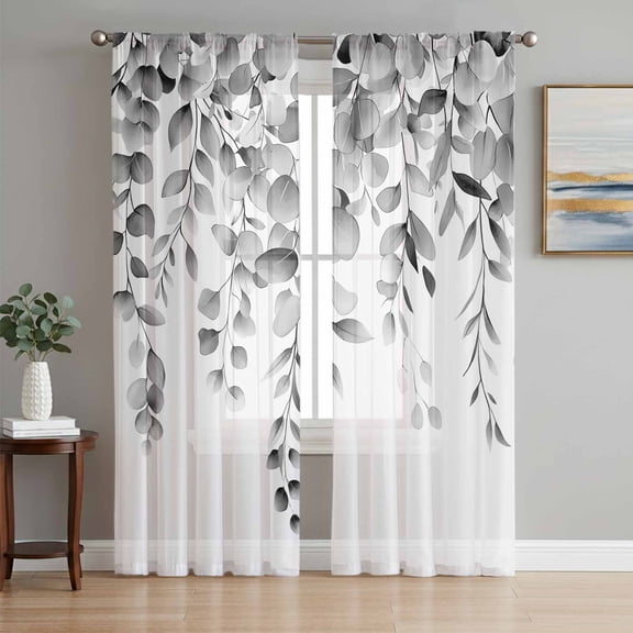 Grey Eucalyptus Sheer Curtains 63 Inch Length 2 Panels Set, Botanical Leaves Aesthetics Flowers Voile Window Treatment Rod Pocket Curtains Sheers Drapes for Bedroom/Living Room/Kitchen 52x"63"x2
