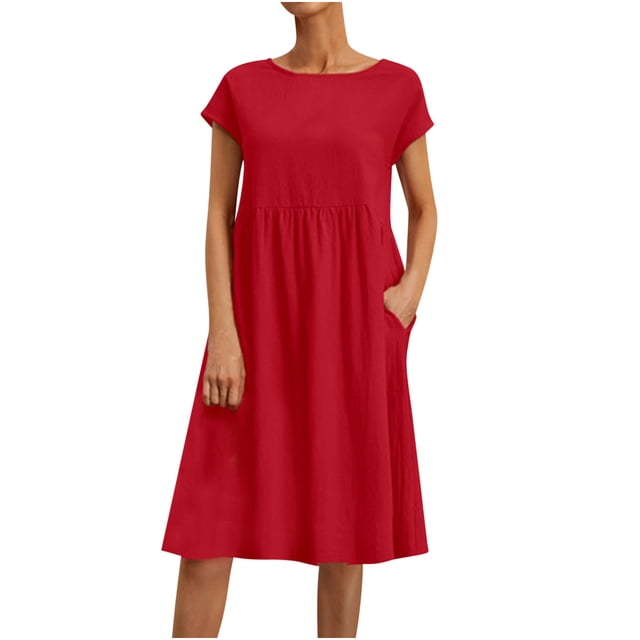RKSTN Robes d'Été pour Femmes 2023 Décontractées en Coton et Lin Couleur Unie Longueur Genou Jupes Col Rond Manches Courtes Robe Midi avec Poches