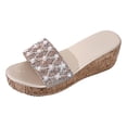 thumbnail image 5 of Rokment Women's Sparkly Sequin Pearl Platform Wedge Dressy Slip On Sandals Bridal Bling Elegant Platform Chunky Heeled Dress Slides for Bride Wedding Summer Gold Size 6.5, 5 of 6