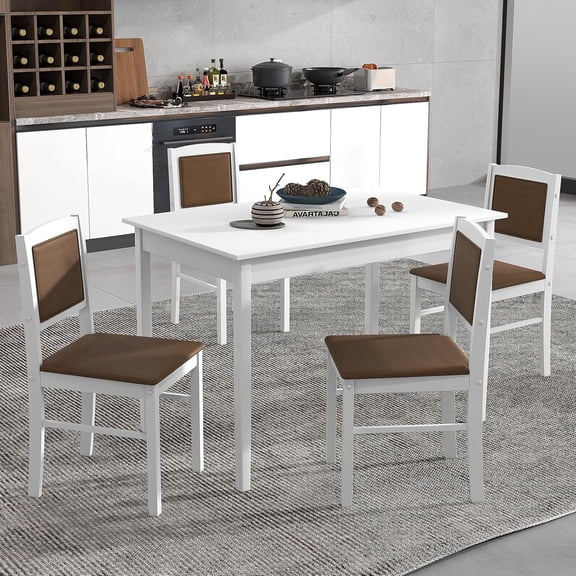 POWERSTONE Farmhouse Wood Dining Table Set for 4, Space-Saving Kitchen Table 4 Chairs Paded PU Leather, Rectangular 5 Piece Dining Table Set 4 Rubberwood Legs Chairs for Kitchen Indoor Dinner (White)