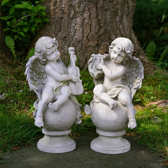 Northlight Set of 2 Cherub Angels with Instruments Sitting Outdoor Patio Garden Statues 14.75" -