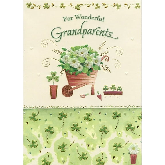Designer Greetings Wheelbarrow with White Flowers and Shamrocks St. Patrick's Day Card for Grandparents