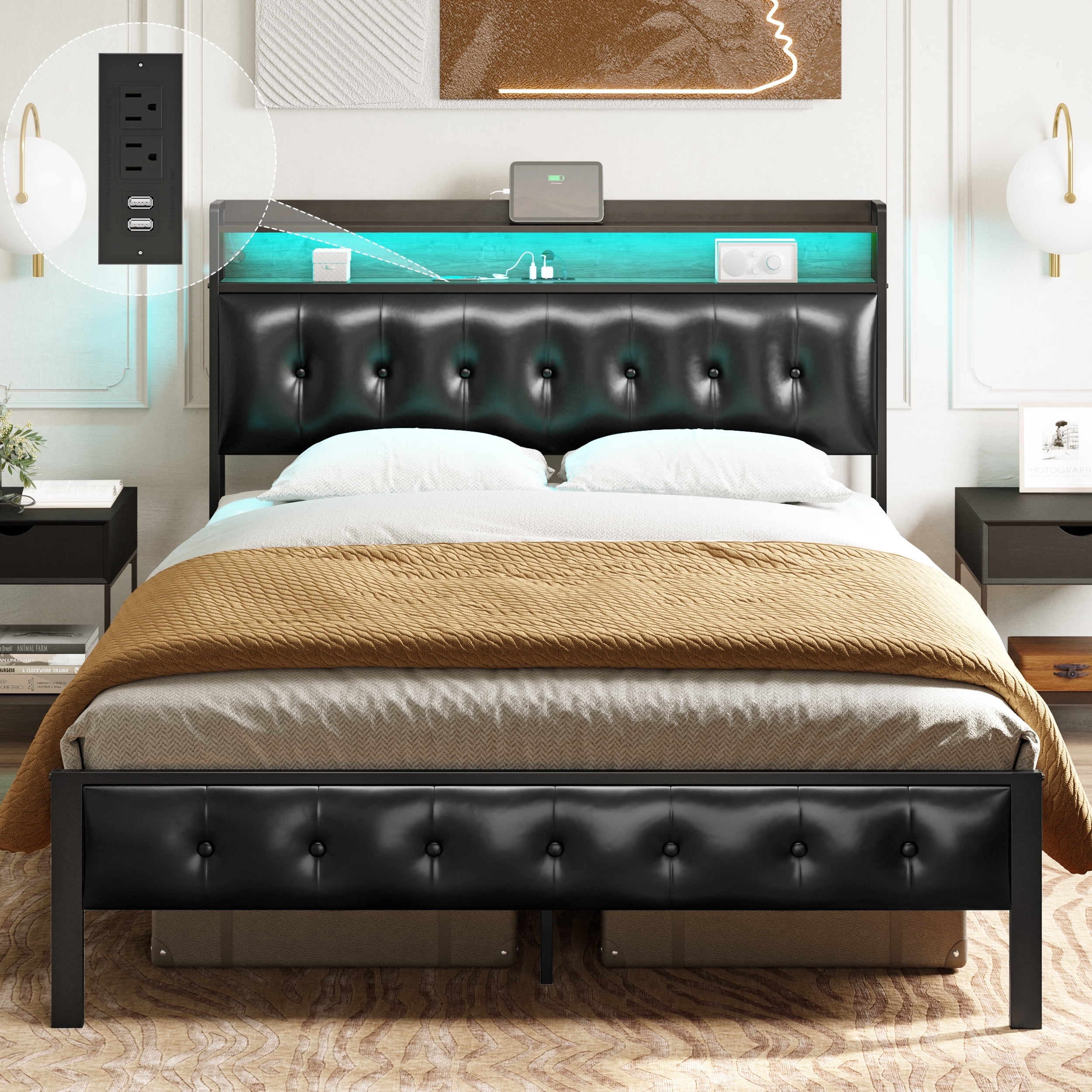 GUNAITO Queen Bed Frame with Storage Headboard Upholstered Platform Bed with LED Lights and Power Charging Station, Black
