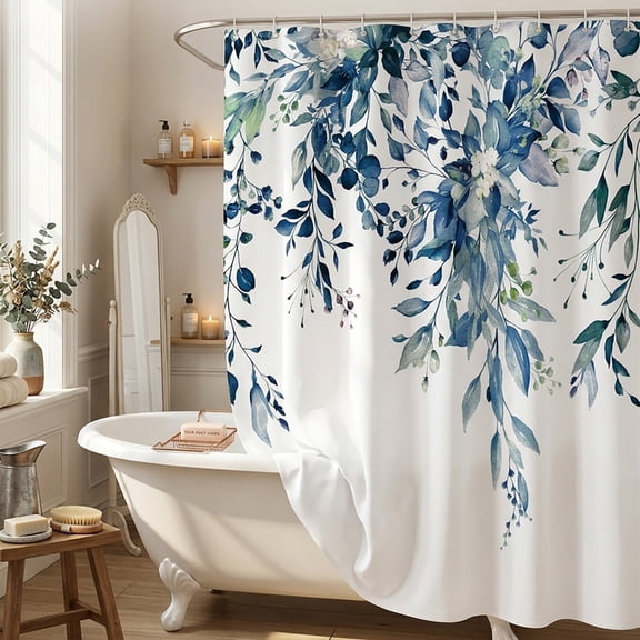 Shower Curtain Blue Eucalyptus Shower Curtains for Bathroom, Watercolor Leaf Shower Curtain Sets Waterproof Plant Shower Curtain Leaves Fabric Cloth Bathroom Curtains 72x72 inch with Hooks