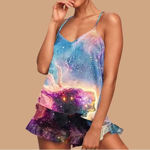 Conjunto de pijama de poliéster con tirantes finos y estampado de moda para mujer