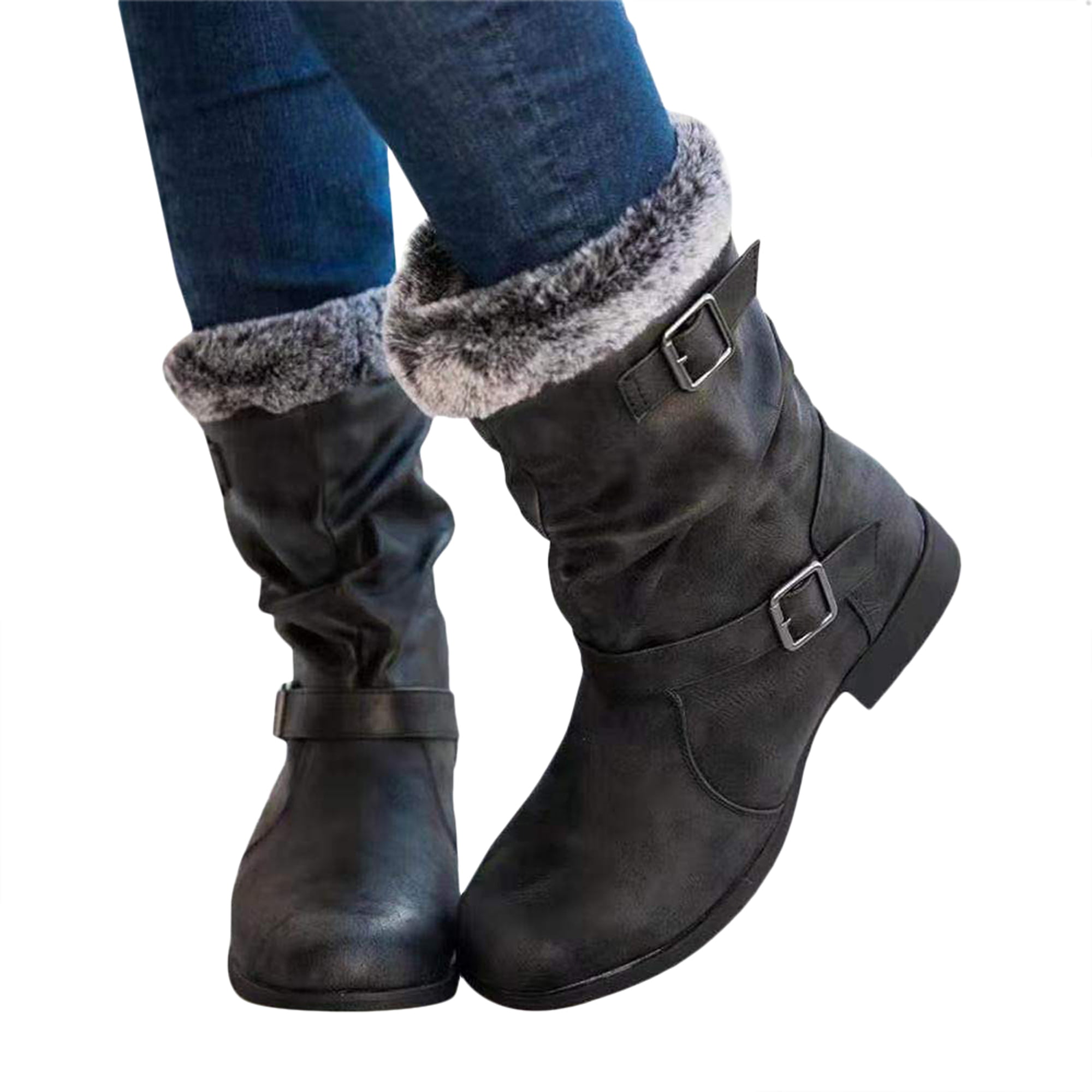 F1rst Rate Snow Boots Womens Winter Warm Booties Low Wedge Buckle Biker Ankle Trim Flat Ankle Boots Shoes