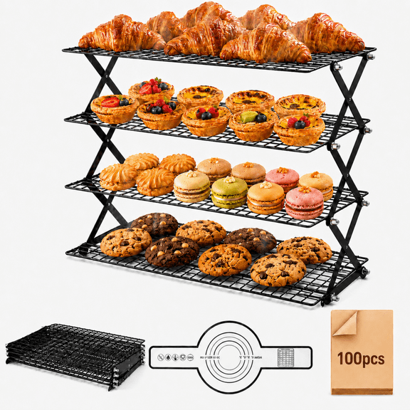 Sentryse Collapsible Cooling Rack, 4 Tier Cooling Racks for Cooking and Baking with 100 Parchment Paper Sheets, Silicone Baking Mat, Black