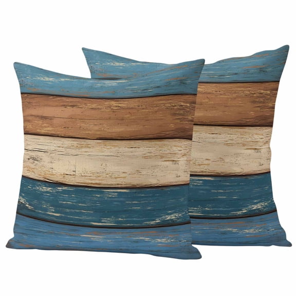 Farmhouse Navy Blue Brown Outdoor Waterproof Pillow Covers, Vintage Wooden Striped Decorative Square Throw Pillowcase Sofa Cushion Sham for Patio/Couch/Chair, 18"x18" 2 Pack