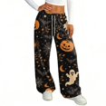 thumbnail image 4 of Hearthz Flannel Pajama Pants Women Ghost Jack-O Bat Print Women Pajamas Fleece Pajama Pants Drawstring Elastic Waist Wide Leg Pajama Pants for Women, 4 of 5