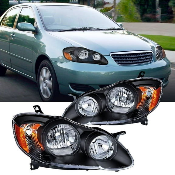 Nilight Headlight Assembly for 2003 2004 2005 2006 2007 2008 Toyota Corolla Headlamps Replacement Black Housing Amber Reflector Driver and Passenger Side
