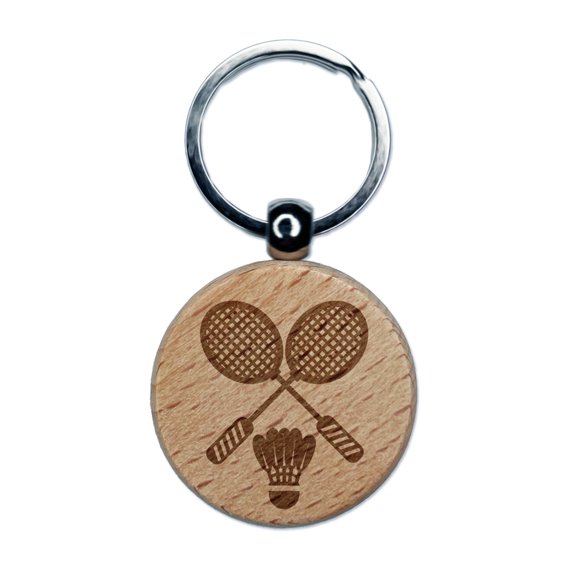 Badminton Rackets and Shuttlecock Birdy Round Keychain Charm Tag - Engraved Wood