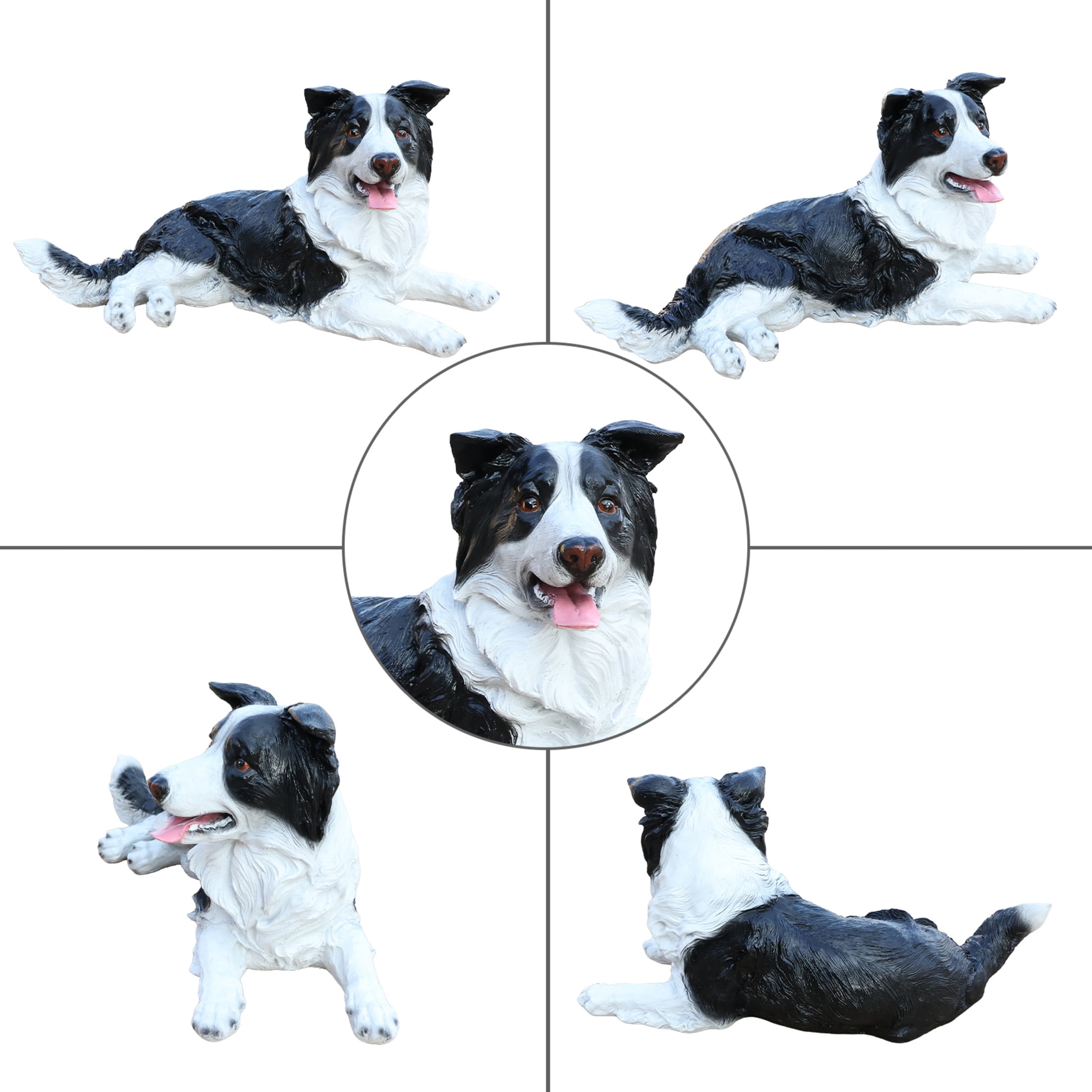 Noble House Lifelike Lying Border Collie Statue, Realistic Resin Animal Figurine for Outdoor Garden Decor, Black White