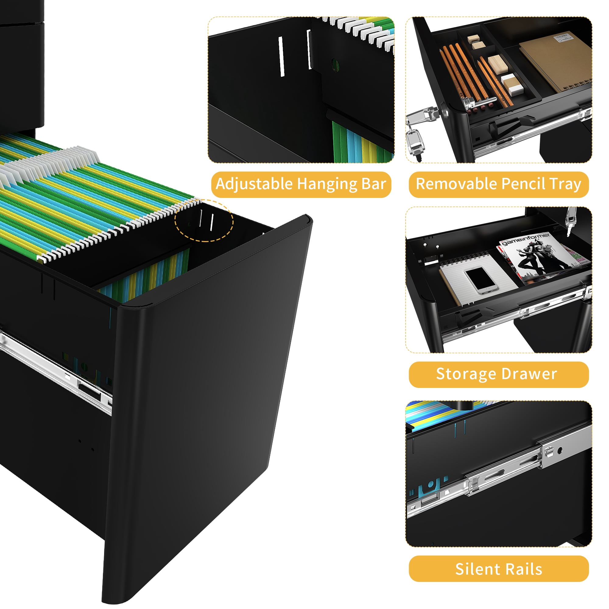 Uforic Mobile Slim File Cabinet with Lock, 3 Drawers, Portable Metal Office Storage Filing Cabinet, Accommodates Lega Size, Pre-Assembled Cabinet Excluding Casters, Designed to Fit Under Desk, Black