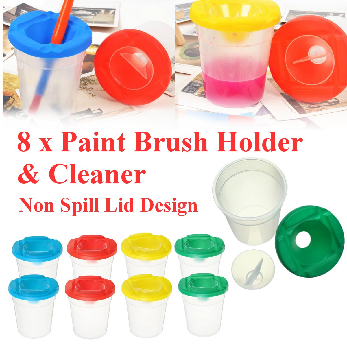 8Pcs 4 Colors Non Spill Pots Lid & Stoppers Paint Brush Holder