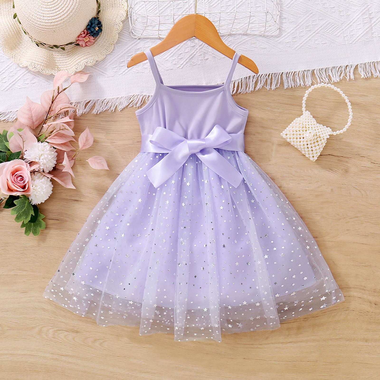 Kid Girl Cat Print Bowknot Design Heart Glitter Decor Mesh Splice Cami Dress