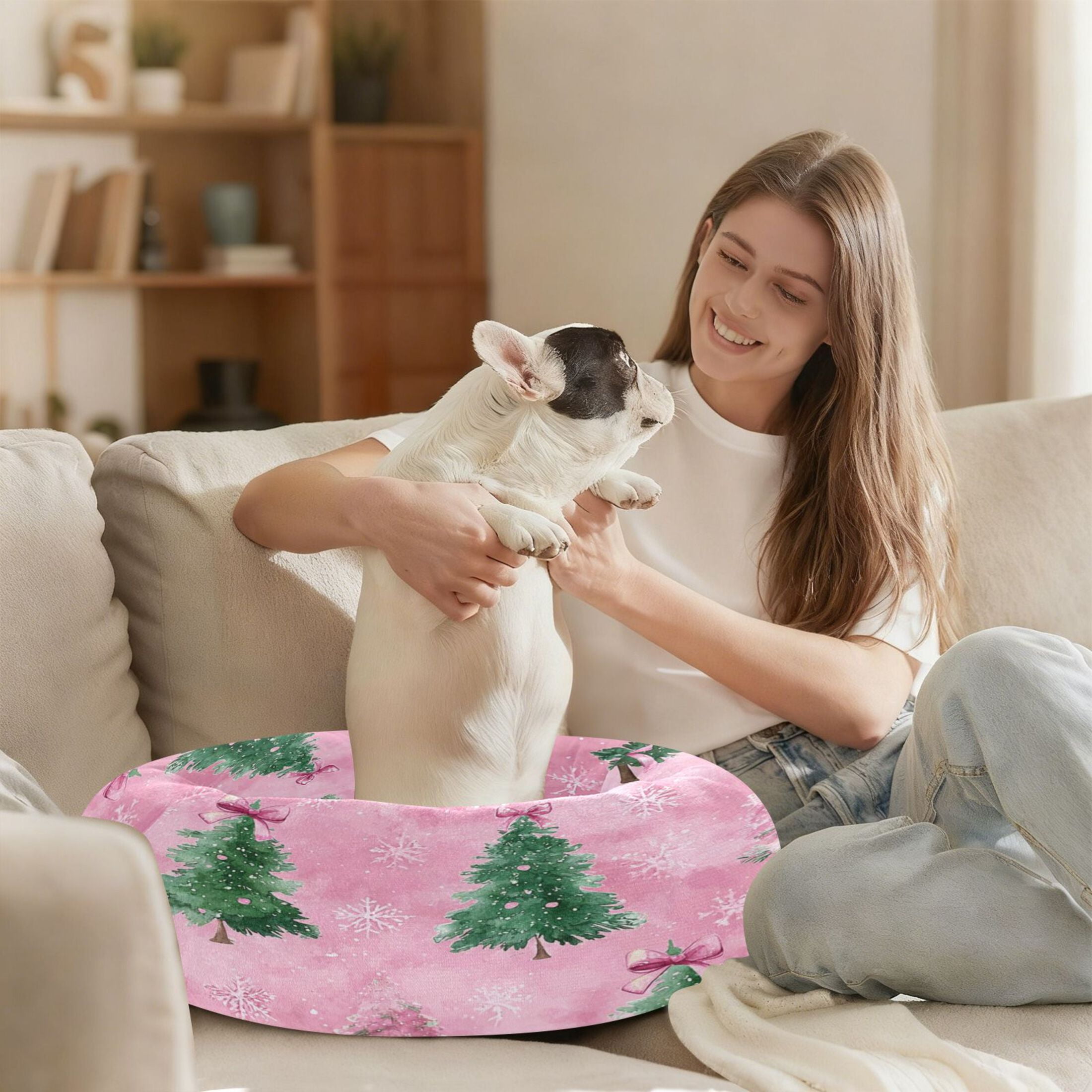 Iauyy Pet Couch Donut Cat Bed for Indoor Cats/Small Dogs Washable & Machine with Non-slip Bottom Calming Cat Furniture, with Snowflakes and Bows (XS)