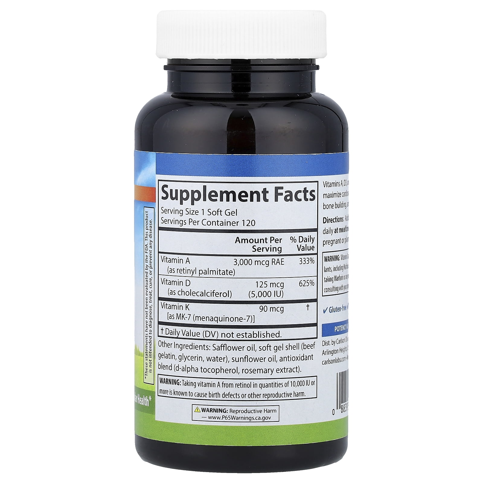 Carlson Vitamins A - D3 - K2, 120 Soft Gels