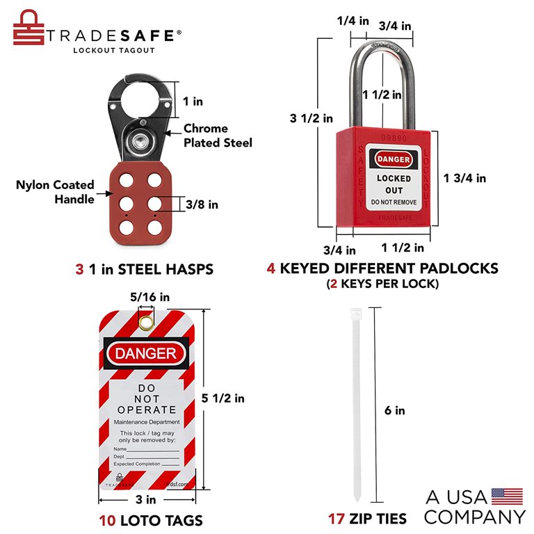 TRADESAFE Lockout Tagout Steel Cable Locks with Keys - 10 Red