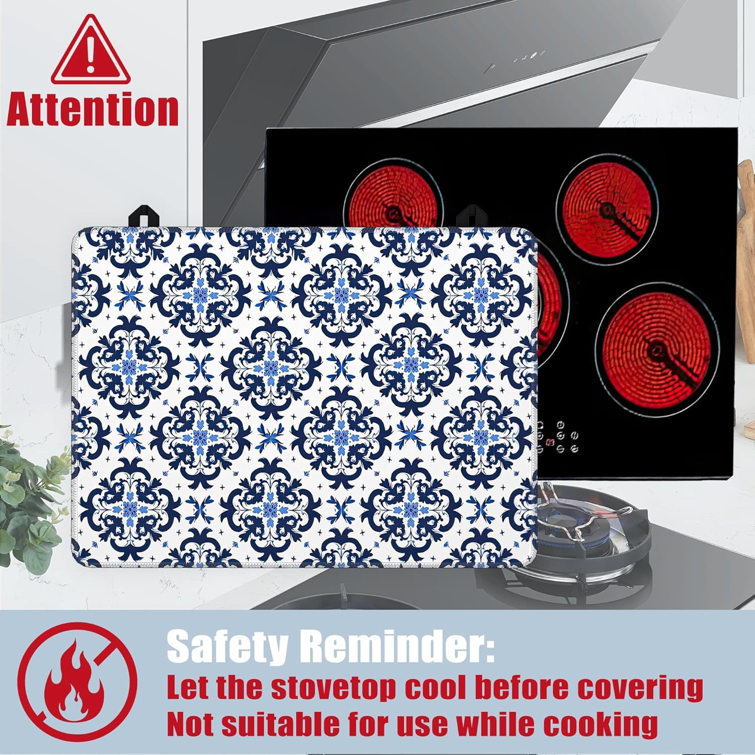 Stove Top Covers for Electric Stove,Blue Tile Flat Top Stove Cover,Modern Geometric Heat Resistant Glass Top Stove Cover Protector Anti-Slip Range Covers, 28 x 20 Inch