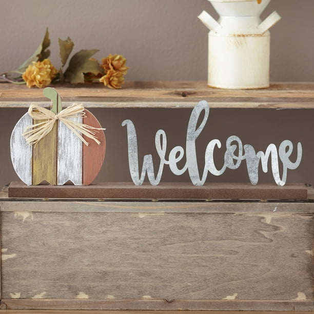 Galvanized Metal Tabletop Sign with Autumn Harvest Pumpkin
